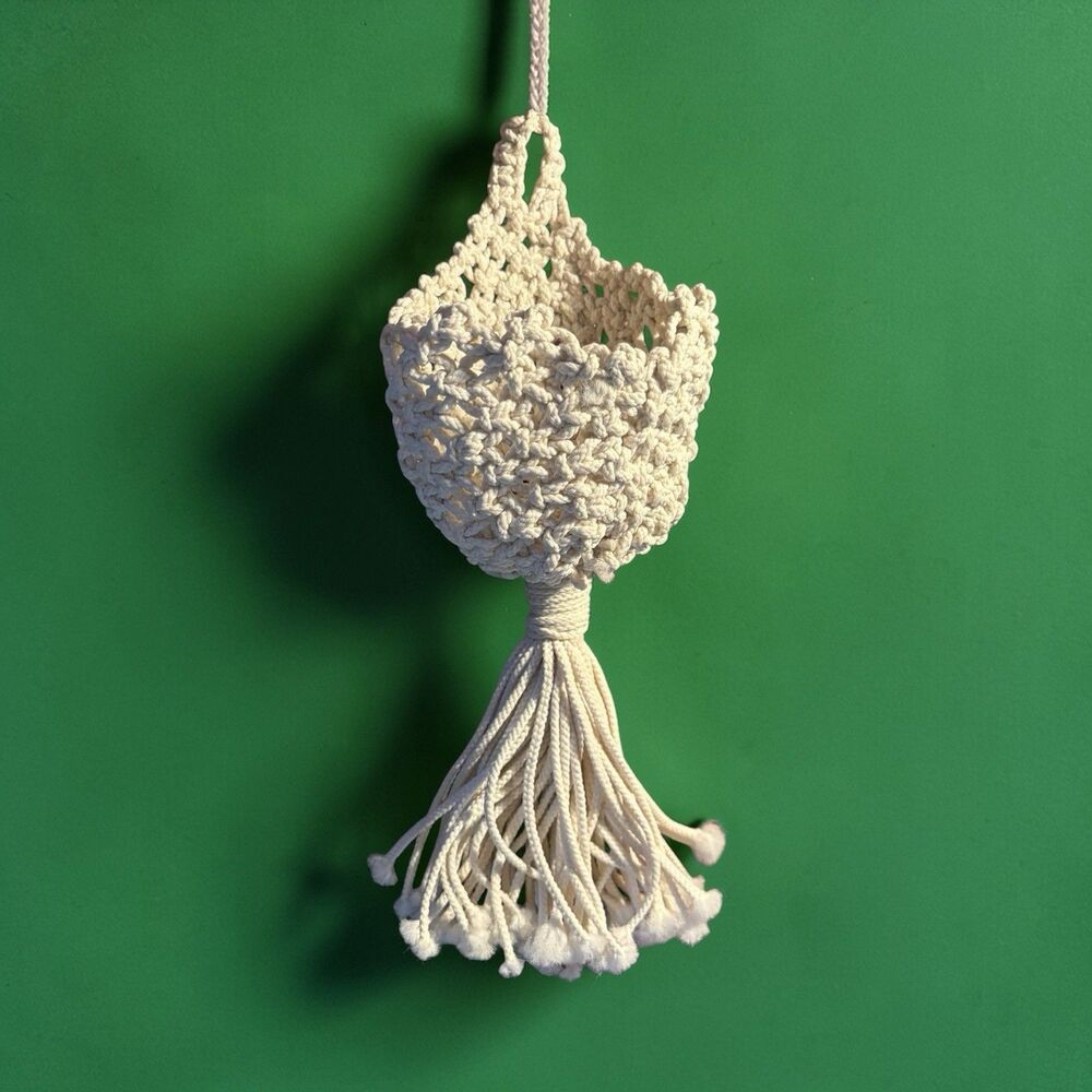 Handmade Macrame Plant Holder 11.5” X 4.5” Beige Cording